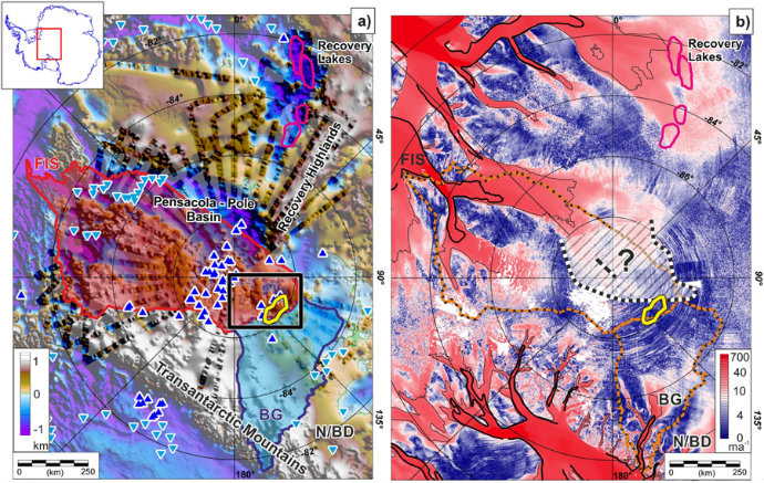 Forskere fra DTU Space har via bl.a. radarmålinger fra fly bidraget til at afdække afsmeltning af Antarktis  under isen i et område, der ikke tidligere er undersøgt (Illustration: Nature/BAS)
